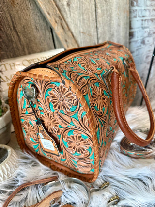 Large Turquoise & Tan Tooled Leather Speedy Western Duffle Style Bag
