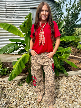 Leopard Rose Barrel Pants for Women | Western Floral Wide Leg Cropped Jeans
