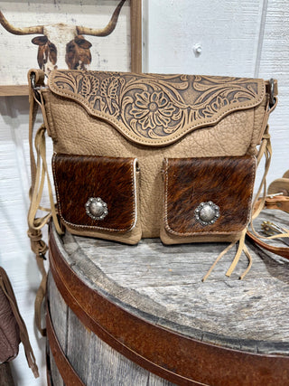 Trinity Ranch Hair-On Hide Crossbody Bag with Concho Pockets- Khaki