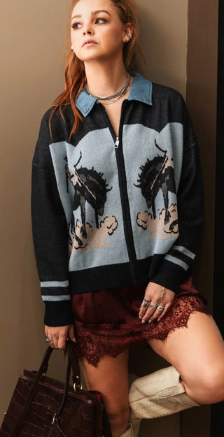 Bronc Blues Western Zip-Up Cardigan