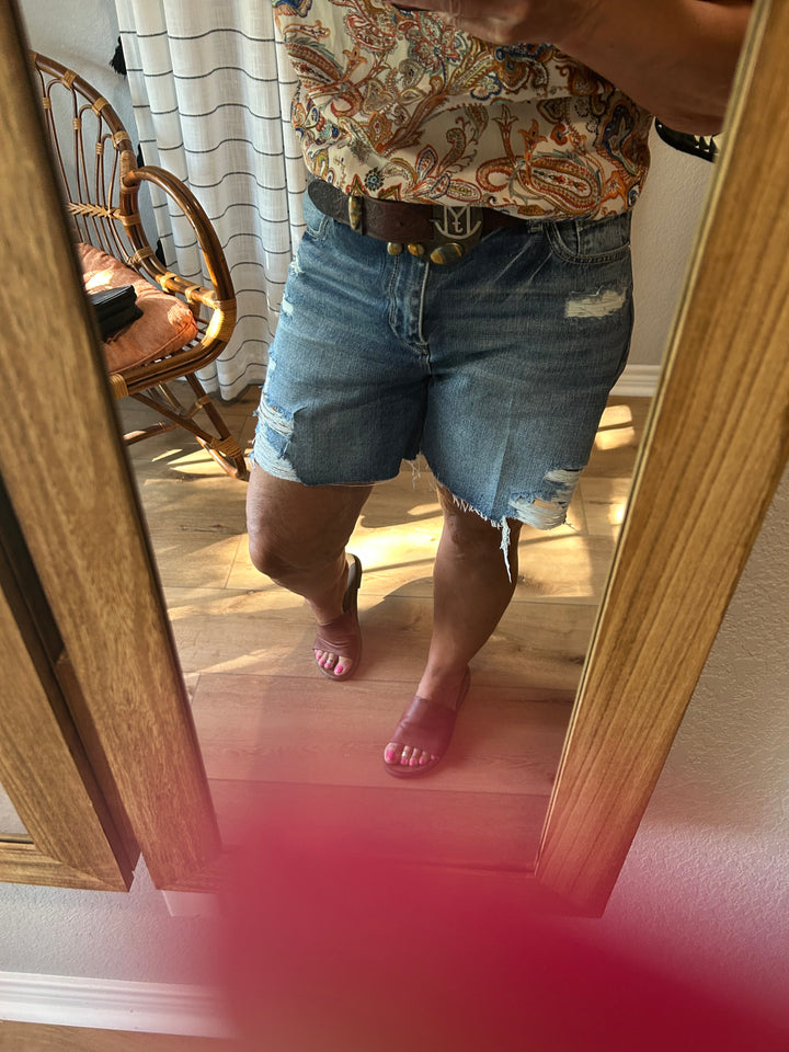 High Rise Relaxed Distressed Bermuda Shorts