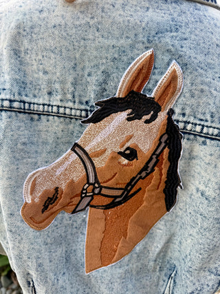 Vintage Wash Horse Embroidered Cropped Denim Jacket | Western Cowgirl Jean Jacket