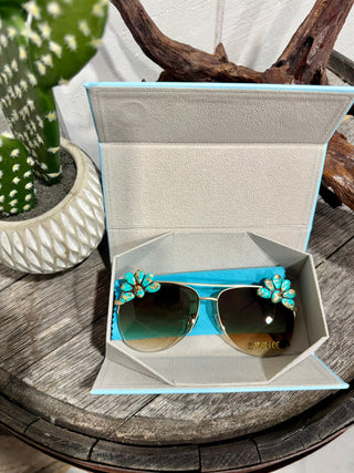 Western Turquoise Squash Aviator Sunglasses for Women | Cowgirl Sunnies | Gold Frames