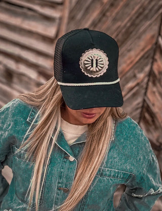 Black Western Concho Trucker Hat for Women | Cowgirl Cap with Silver Concho Detail