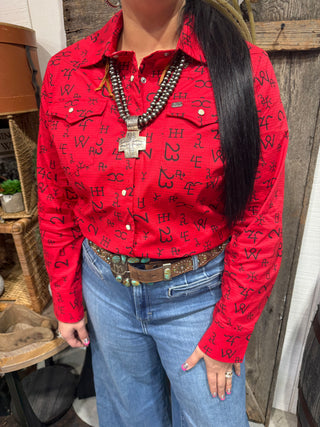 Red Cattle Brand Print Riding & Stock Show Red Western Performance Shirt