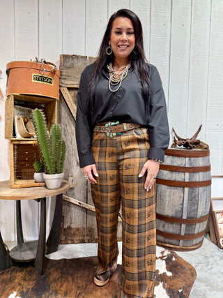 Posh Pony Plaid Western Trousers | High Waisted Wide Leg Cowgirl Pants