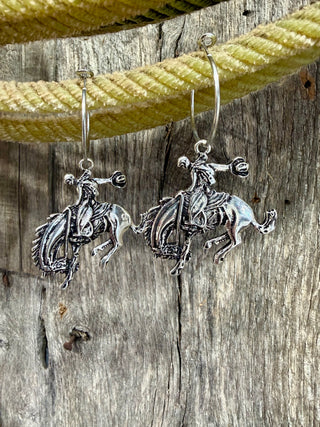 Bucking Horse Hoop Earrings – Silver Rodeo Cowboy Dangle Statement Earrings