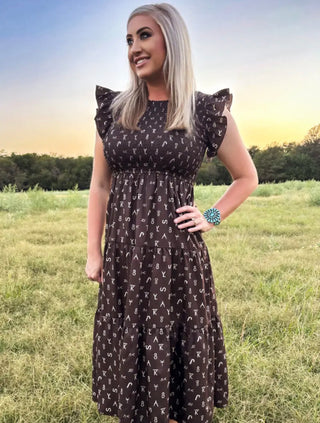 Ranch Cattle Brand Ruffle Midi Dress