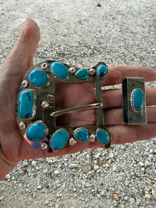 Custom Authentic Kingman Turquoise Statement Belt Buckle Set