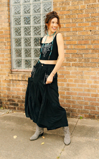 Black Boot Stitch Embroidered Western Crop Top & Tiered Wide-Leg Pants Set