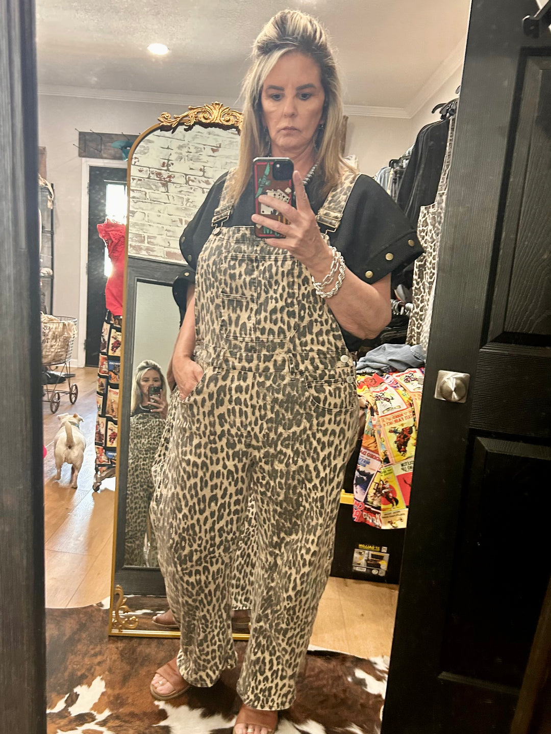 Leopard Print Barrel Overalls