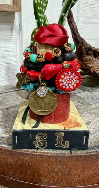 Sandra Ling Western Bracelet Stack – Turquoise, Red Stone & Leather Cuff Layered Stack, Cowgirl Statement Jewelry-Set Of 6