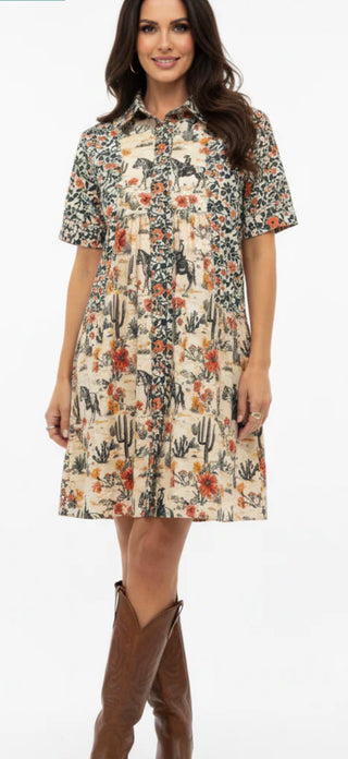Floral Cowboy Print Shirt Dress | Western Button Down Dress with Horses & Cactus-Turquoise Haven
