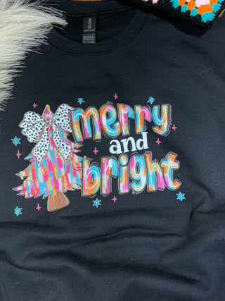 Merry & Bright Christmas Sweatshirt – Brushstroke  Tree & Leopard Bow Graphic Holiday Shirt
