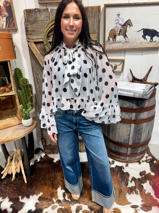 Black & White Polka Dot Ruffle Hi Low Sheer Blouse