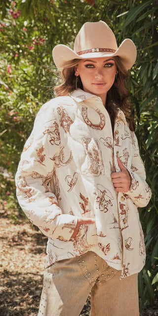 Oversized Western Print Quilted Jacket – Cowgirl Rodeo Style