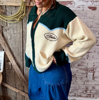 Cowgirl Rodeo Horse Graphic Western Zip Up Cardigan-Evergreen