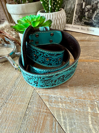 Turquoise Tooled Leather Western Belt With Removable Buckle