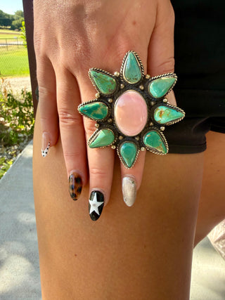 Pink Conch & Kingman Turquoise Starburst Ring-Adjustable