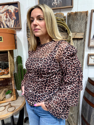 Leopard Print Mesh Top for Women – Brown Cheetah Ruffle Sleeve Shirt, Western Boutique Long Sleeve Fitted Top