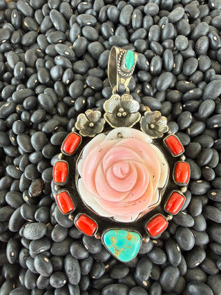 Pink Conch Rose, Kingman Turquoise & Apple Coral Tibetan Pendant | Tibetan Silver Statement Pendant