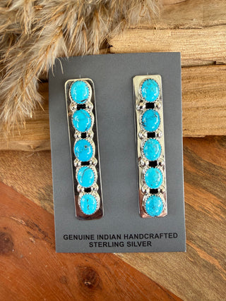Brian Jones Turquoise Sterling Silver 2.5” Column Earrings – Native American Made