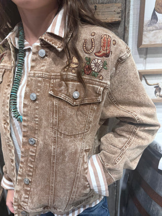 Wild West Bronc Rider Embroidered Acid Wash Denim Jacket