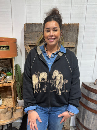 The Ranchita Midnight Western Knit Sweater – Black Zip-Up Horse Graphic Hoodie-2Fly Co.