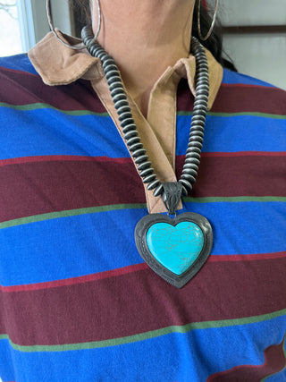 Howlite Turquoise Heart Pendant on faux Navajo Pearl saucer Necklace – Statement Western Jewelry