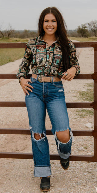 Vintage Rodeo World Tour Button Up – Retro Western Graphic Shirt