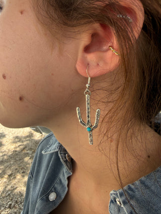 Pauline Nelson Turquoise Sterling Silver Saguaro Cactus Earrings – Native American Made