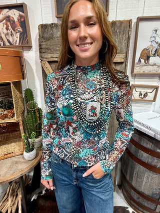 Western NFR Vegas Mesh Mock Neck Top