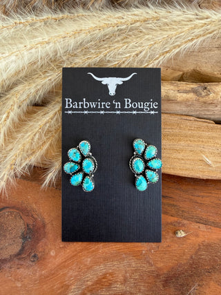 Kingman Turquoise Half Cluster Sterling Silver Earrings