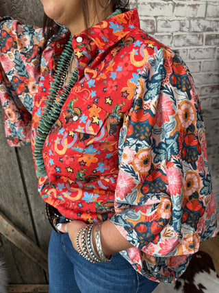 Wild West Rodeo & Floral Sleeve Retro Cowgirl Button-Down Pearl Snap Blouse – Western Fashion Top