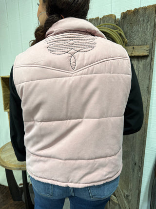 Cream Faux Suede Boot Stitch Western Puffer Vest