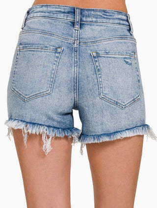 Back of Light Wash Distressed Frayed Hem Denim Shorts | High Rise Stretch Boutique Jean Shorts