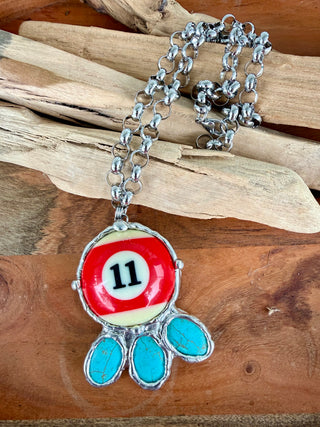 Pool Ball Necklace – Red #11 Billiard Ball Pendant with Turquoise Stone Accent Chain Necklace