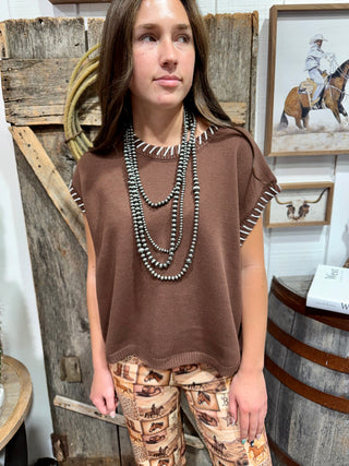 Chocolate Brown Saddle Stitch Mom Crop Sweater