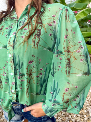 Turquoise Haven Mesh Cactus Print Western Top | Desert Cowgirl Button Front Blouse