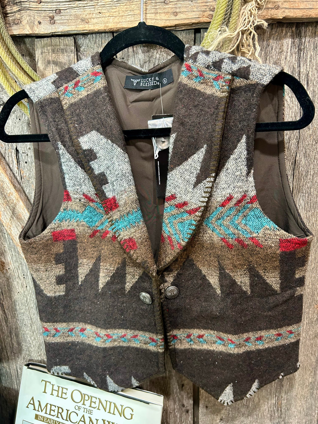 Brown Western Aztec Wool Concho Button Vest