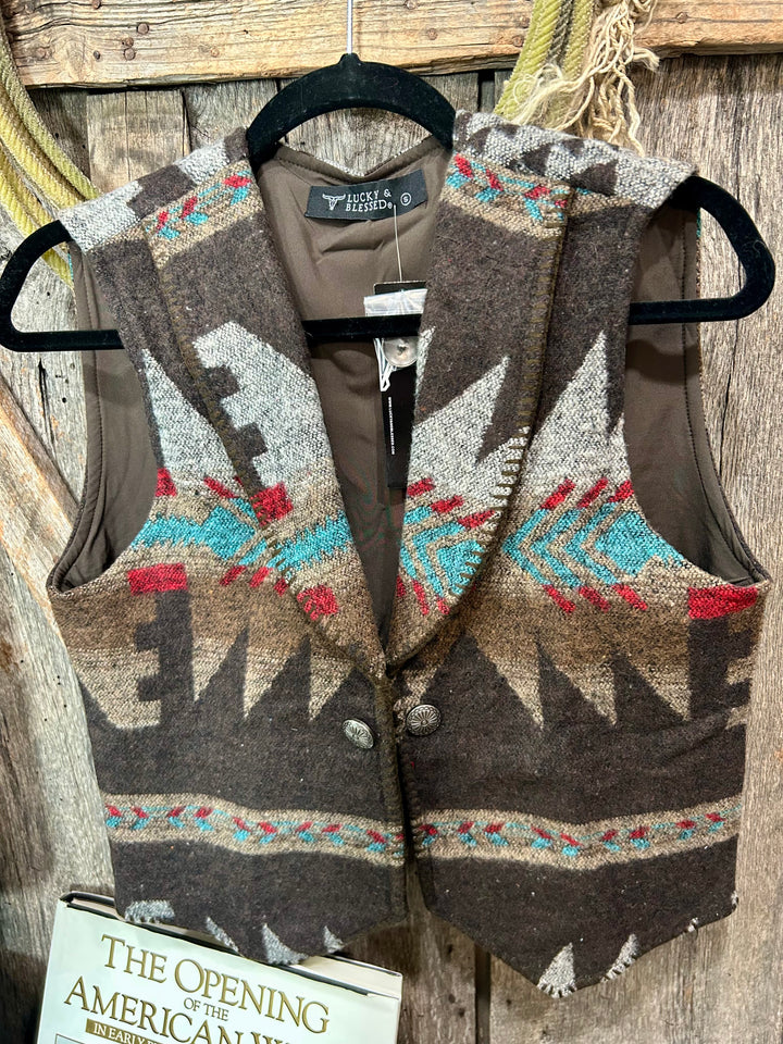 Brown Western Aztec Wool Concho Button Vest