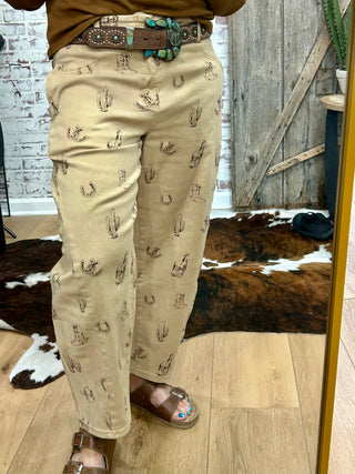 Khaki Western Print Barrel Jeans