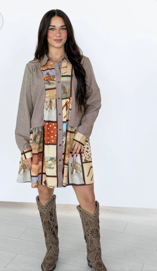 Western Collage Patchwork Cowboy Shirt Dress – Rodeo Print Button Front Tunic