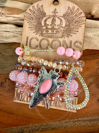 Pink Western Charm Stack Bracelet Set | Cow Skull, Rhinestone Teardrop & Arrow Cowgirl Bracelets