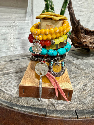 Sandra Ling Western Bracelet Stack Set of 8 – Turquoise, Yellow & Multi Stone Layered Cowgirl Jewelry, Leather Cuff & Charm Stack