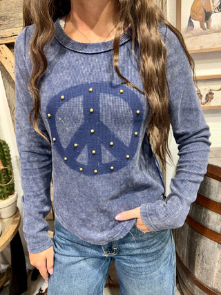 Peace Out Vintage Studded Thermal Top- Denim