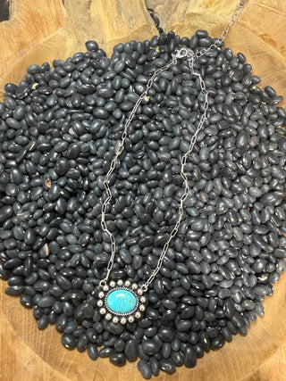 Turquoise Concho Pendant Necklace | Western Silver Chain Statement Necklace