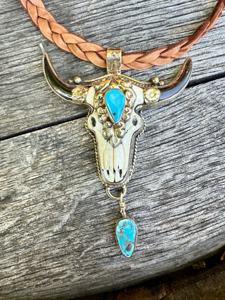 Large Hand Carved Bone & Turquoise Longhorn Choker