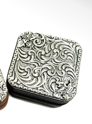 Western Tooled Floral Scroll Jewelry Travel Box- Black