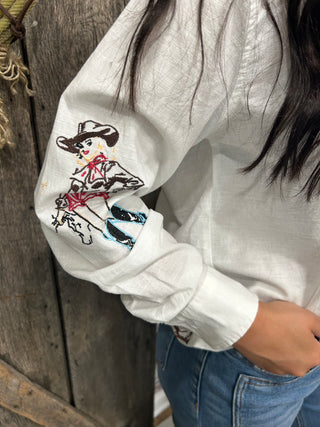 Yippee Ki Yay Embroidered Linen Blouse-White